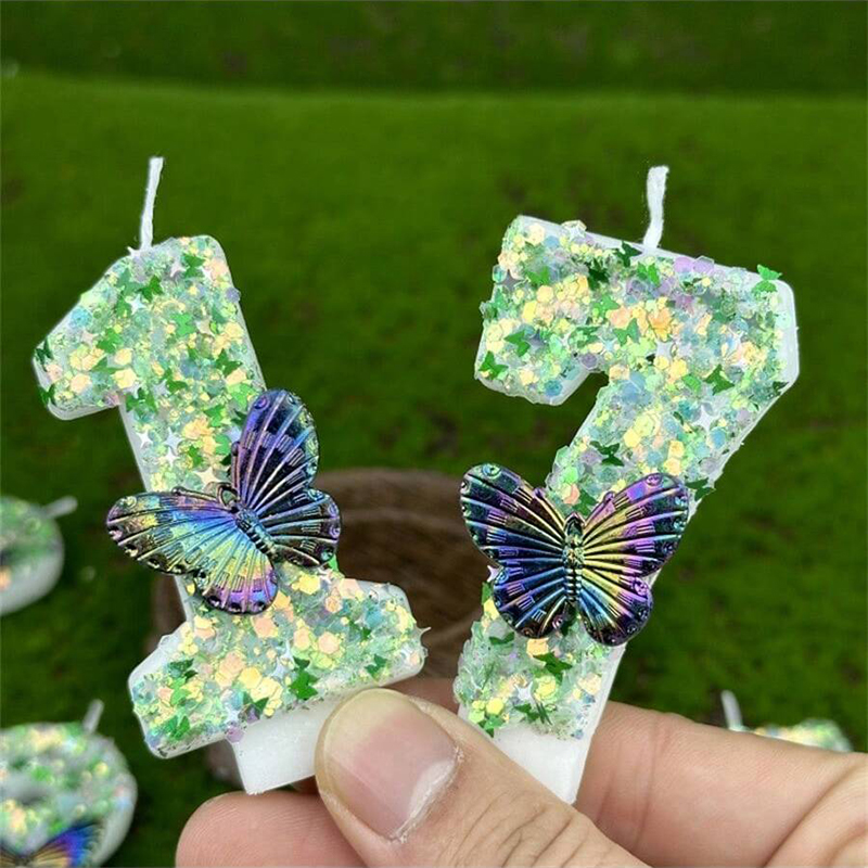 Candle Supplies In - 1Pc Verde Paillettes Numero 0-9 Farfalla